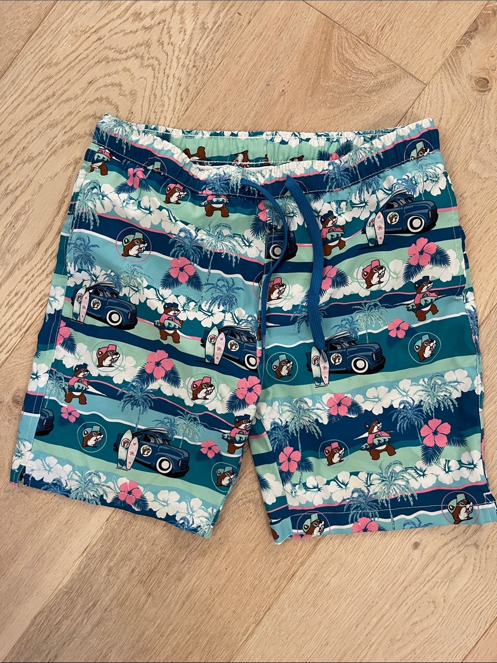 BUC-EES Boys Tropical Teal Swim Trunks with Surf Print